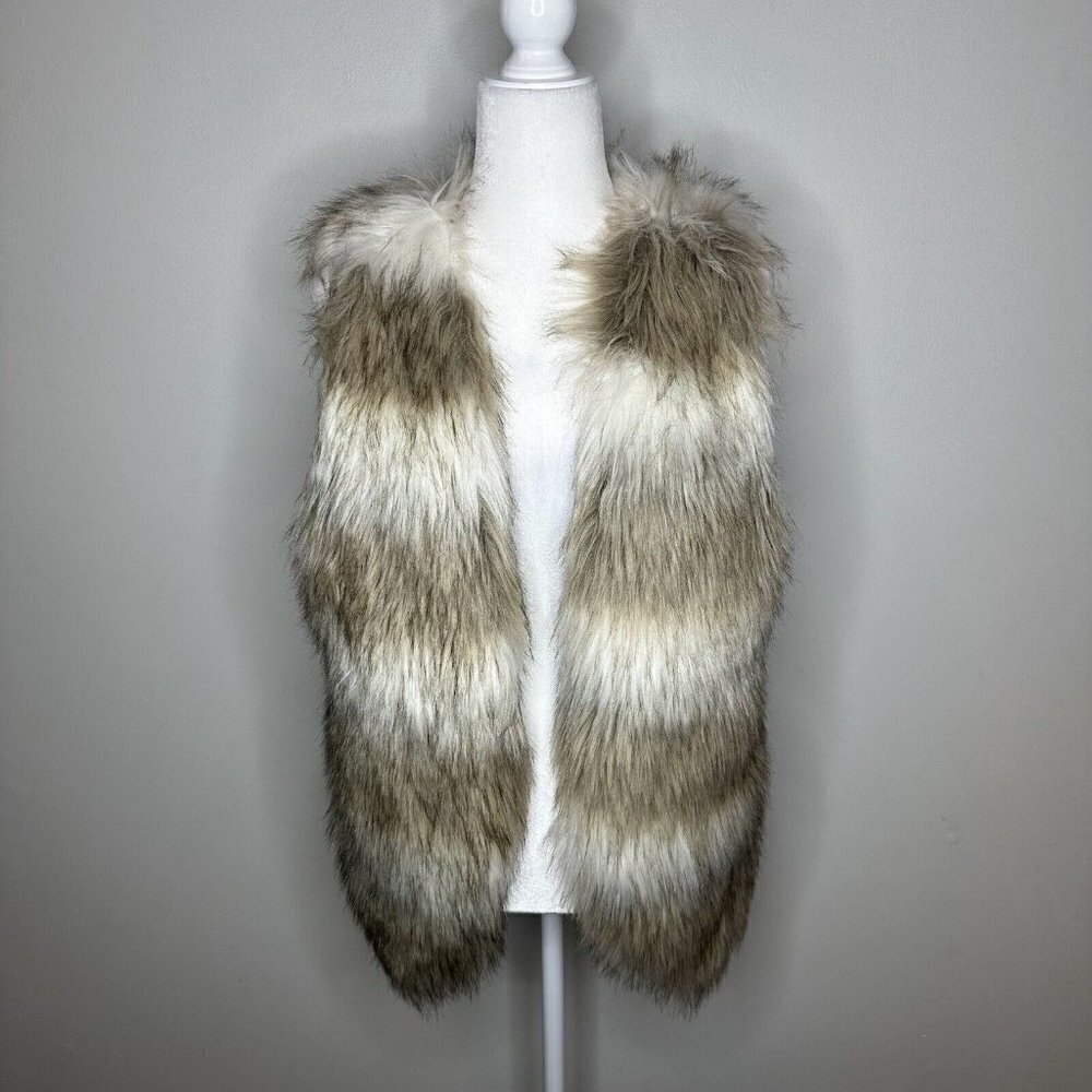 Skies Are Blue Women’s Fur Vest Brown Cream White Open‎ Front Sleeveless Size M